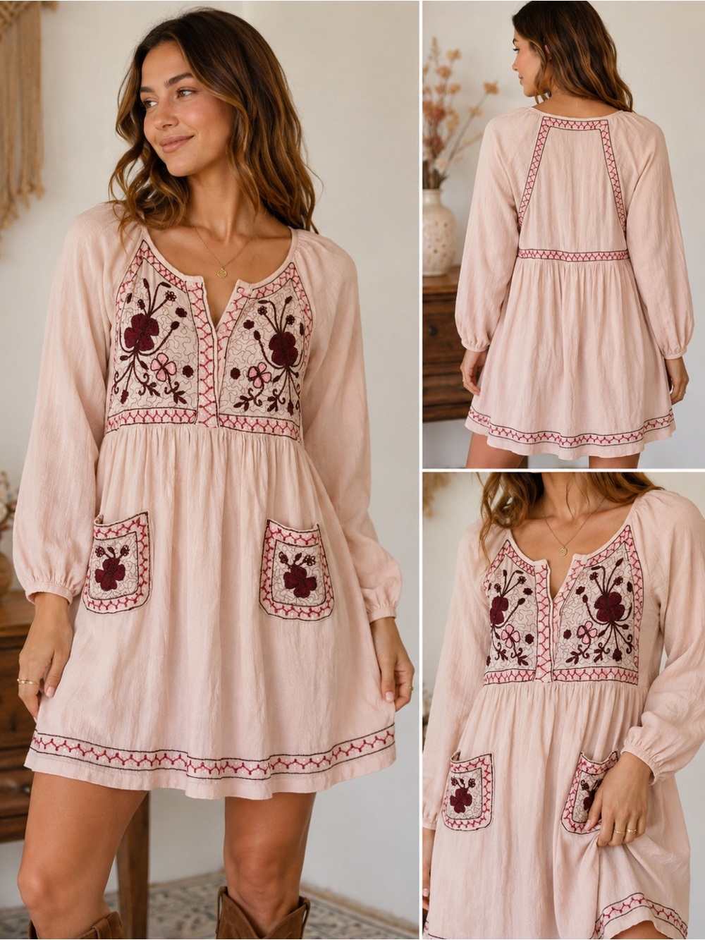 French Connection Boho Embroidered Mini Dress Pink Floral Cottagecore Size 4